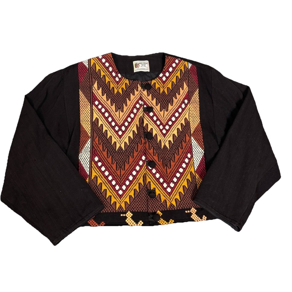 Vintage Artes Tipicas Terum Black Embroidered Aztec Jacket Size‎ Large Cotton